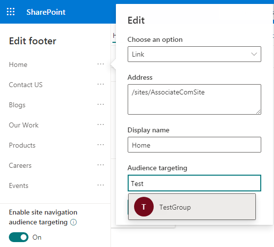 How to set up Audience Targeting in Footer links in Modern Communicati